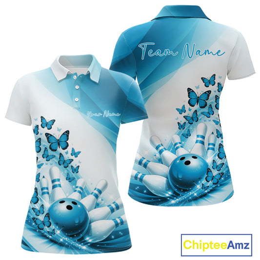 Front and back mockup of a womens white and blue bowling polo featuring butterfly artwork and bowling-themed graphics