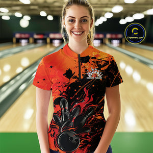 Custom Red Orange Flame Bowling Women Quarter-Zip  Splatter Bowling Tournament Shirt IPHW9932
