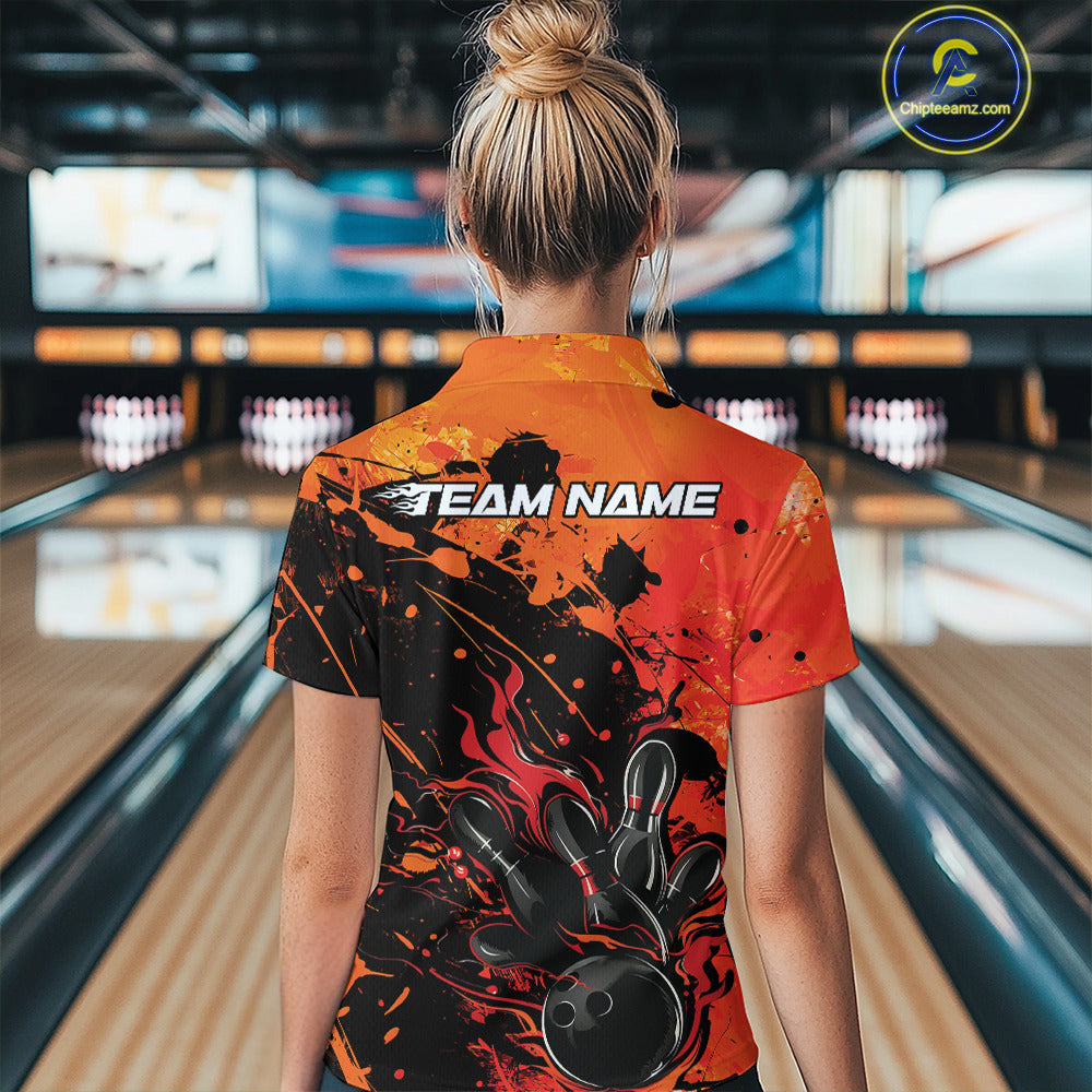 Custom Red Orange Flame Bowling Women Quarter-Zip  Splatter Bowling Tournament Shirt IPHW9932