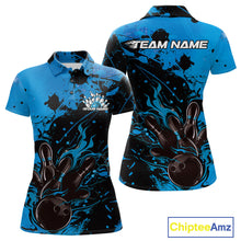 Load image into Gallery viewer, Custom Blue Flame Bowling Women Polo Shirt, Splatter Bowling Team Tournament Shirt IPHW9933