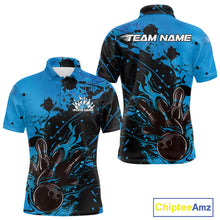 Load image into Gallery viewer, Custom Blue Flame Bowling Men Polo Shirts, Splatter Bowling Team Tournament Shirt IPHW9933
