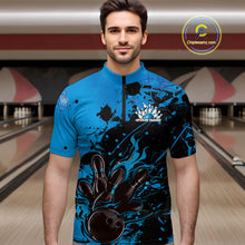 Load image into Gallery viewer, Custom Blue Flame Bowling Men Quarter-Zip Shirts, Splatter Bowling Team Tournament Shirt IPHW9933