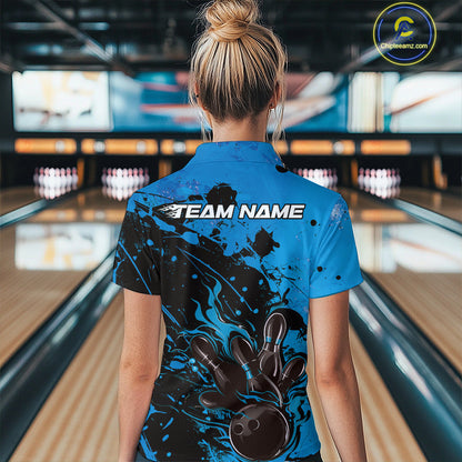 Custom Blue Flame Bowling Women Quarter-Zip Shirt, Splatter Bowling Team Tournament Shirt IPHW9933