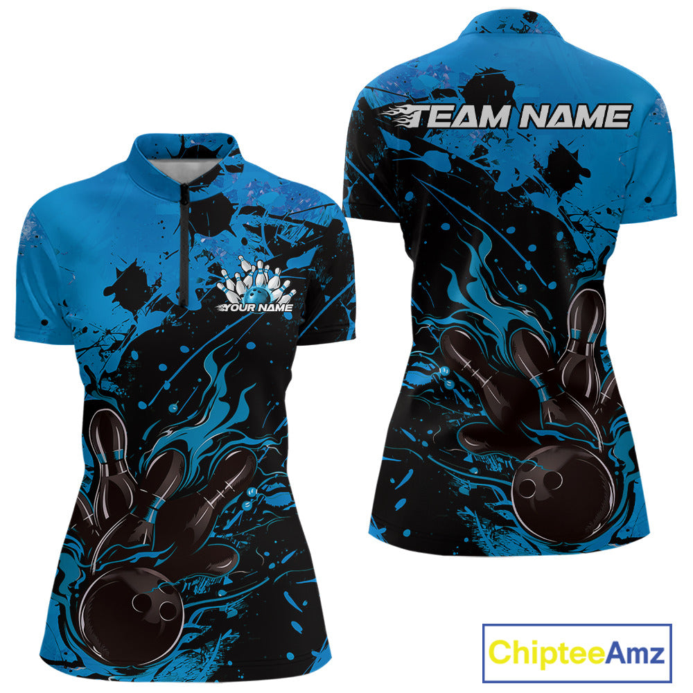Custom Blue Flame Bowling Women Quarter-Zip Shirt, Splatter Bowling Team Tournament Shirt IPHW9933
