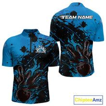 Load image into Gallery viewer, Custom Blue Flame Bowling Men Quarter-Zip Shirts, Splatter Bowling Team Tournament Shirt IPHW9933