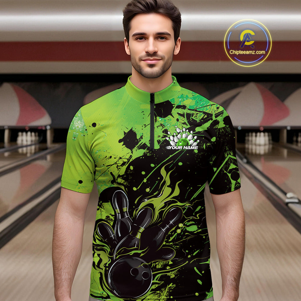 Custom Green Flame Bowling Men Quarter-Zip Shirts, Splatter Bowling Team Tournament Shirt IPHW9934