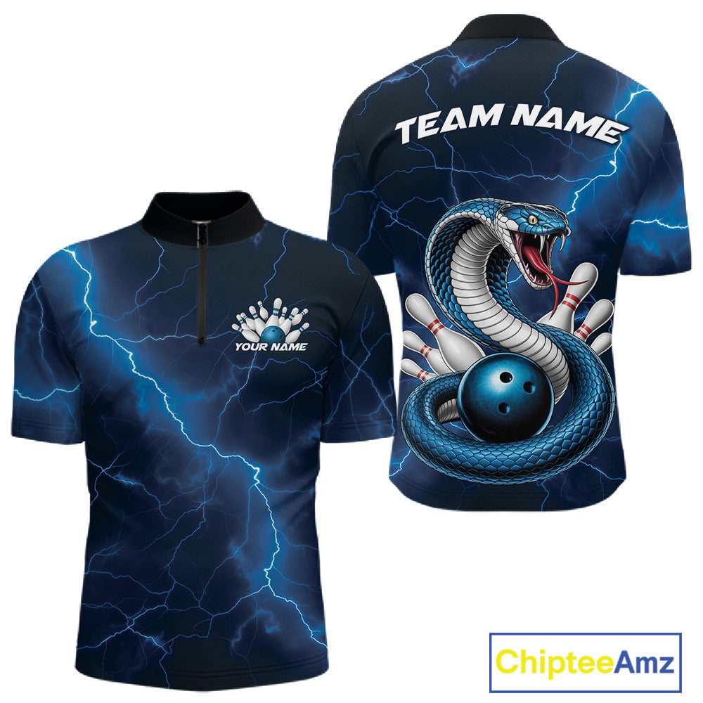 Front and back mens bowling quarter-zip featuring a blue cobra snake coiled around a bowling ball with scattered pins and fantasy lightning effects.
