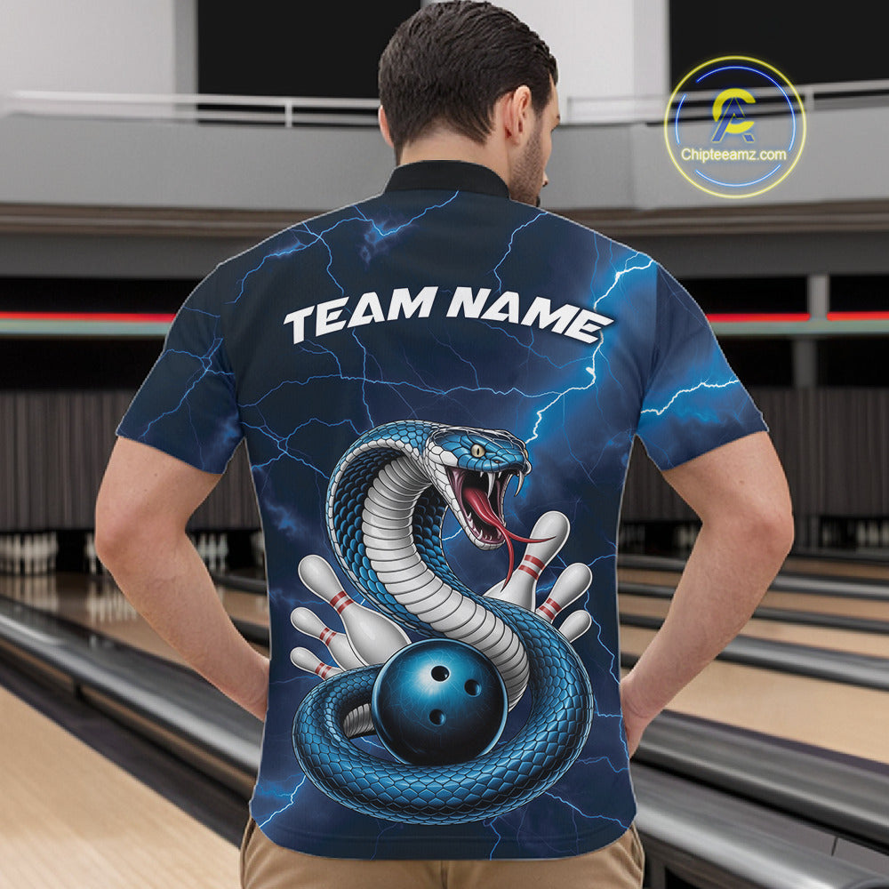 Front view of a mens bowling quarter-zip showcasing a blue cobra, bowling ball, and lightning-themed pin graphics.