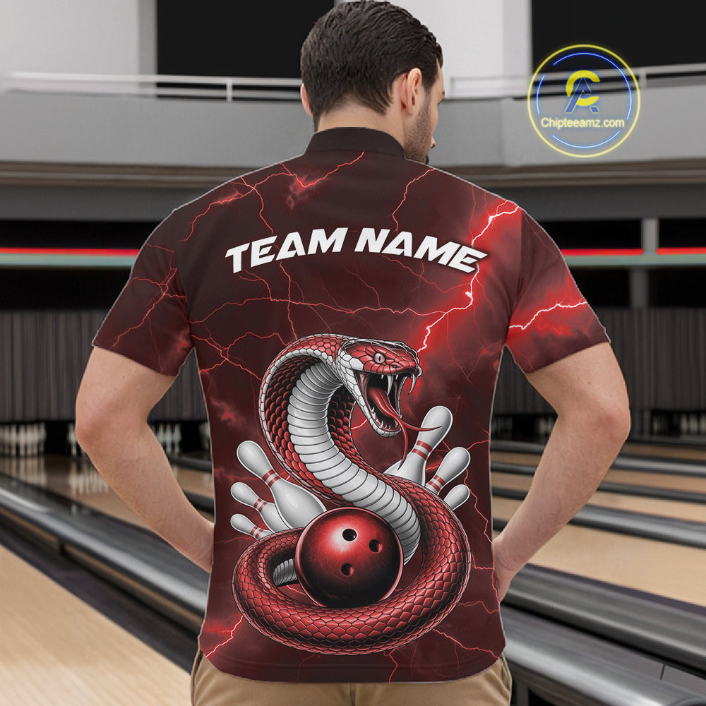 Front view of a mens bowling quarter-zip displaying a red cobra wrapped around a bowling ball with scattered pins.