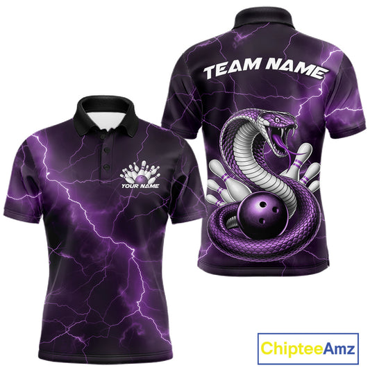 Front and back mens bowling polo featuring a purple cobra snake coiled around a bowling ball with scattered pins and lightning fantasy details.