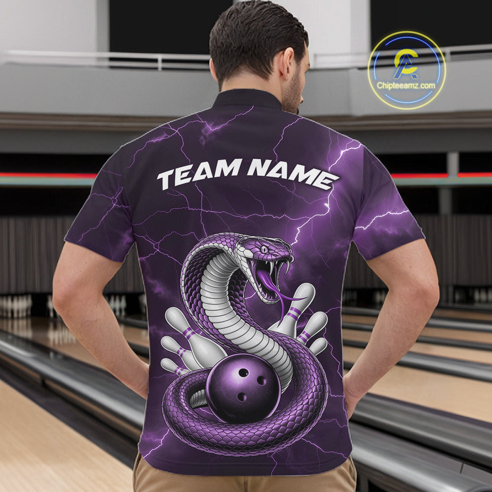 Front view of a mens bowling quarter-zip showcasing a purple cobra wrapped around a bowling ball with scattered pins and lightning accents.