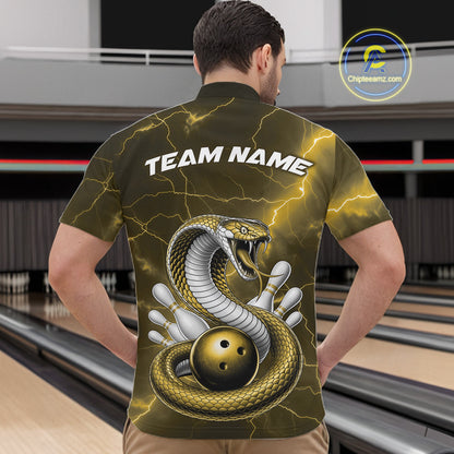 Front view of a mens bowling quarter-zip displaying a yellow cobra wrapped around a bowling ball.