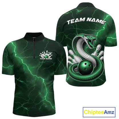 Front and back mens bowling quarter-zip featuring a green cobra coiled around a bowling ball with scattered pins.