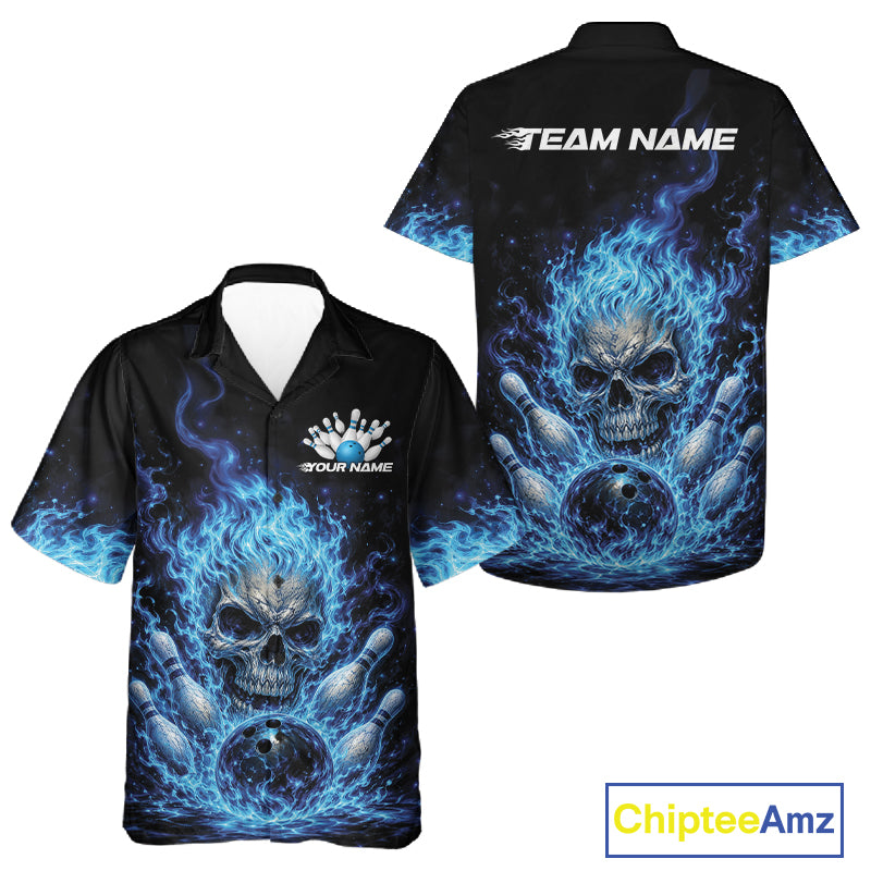 Custom Blue Flame Skull Halloween Bowling Men And Women Button Up Shirt, Bowling Jersey IPHW11952