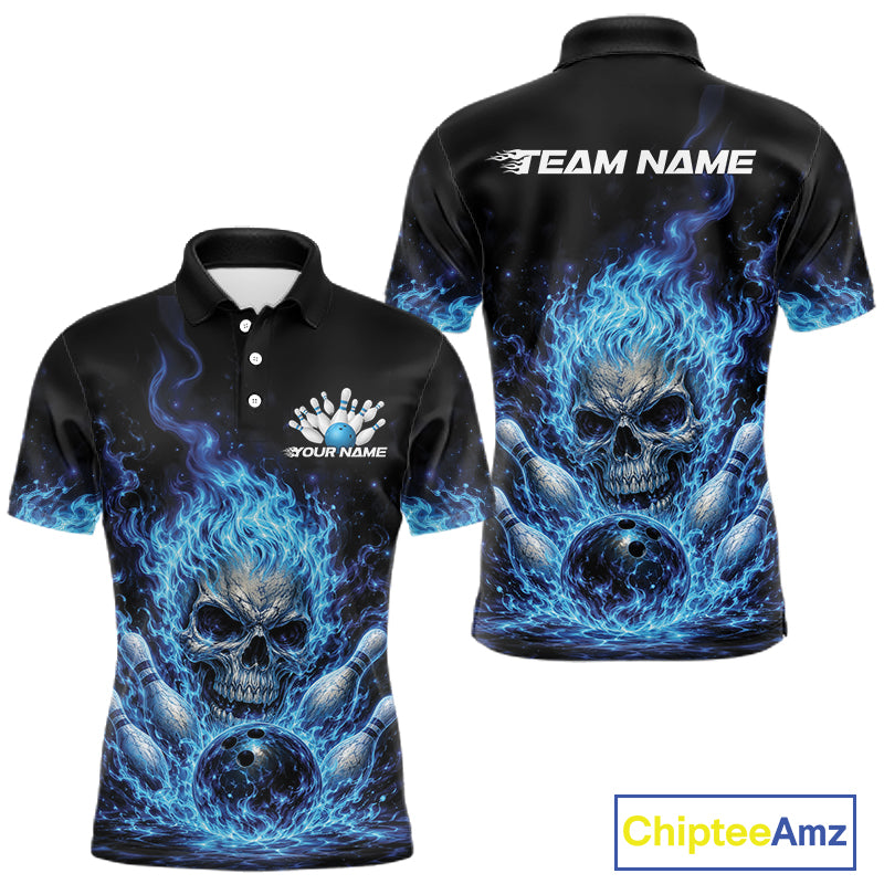 Custom Blue Flame Skull Halloween Bowling Men Polo Shirt, Bowling Jersey IPHW11952