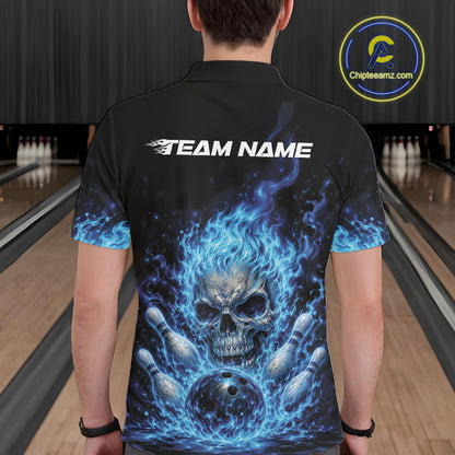 Custom Blue Flame Skull Halloween Bowling Men Polo Shirt, Bowling Jersey IPHW11952