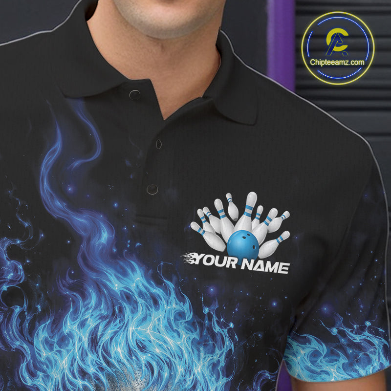 Custom Blue Flame Skull Halloween Bowling Men Polo Shirt, Bowling Jersey IPHW11952