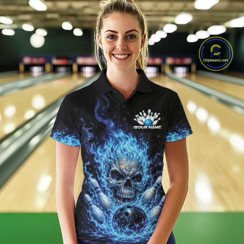 Custom Blue Flame Skull Halloween Bowling Women Polo Shirt, Bowling Jersey IPHW11952