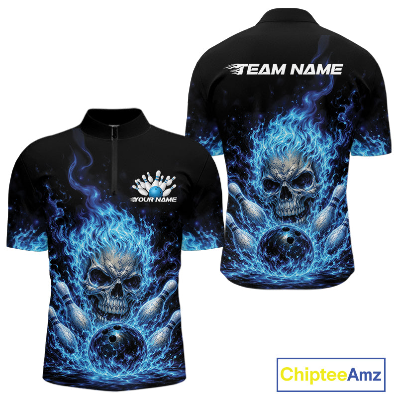 Custom Blue Flame Skull Halloween Bowling Men Quarter Zip Shirt, Bowling Jersey IPHW11952
