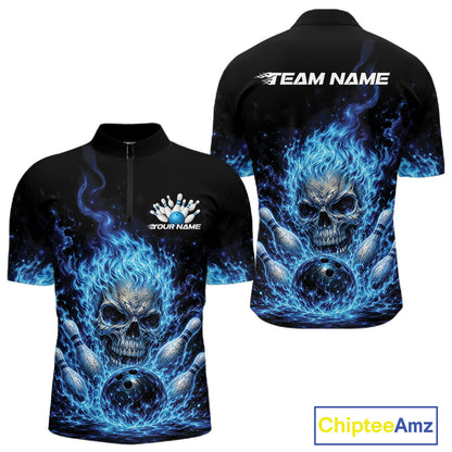 Custom Blue Flame Skull Halloween Bowling Men Quarter Zip Shirt, Bowling Jersey IPHW11952