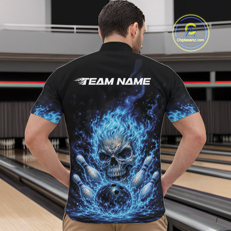 Custom Blue Flame Skull Halloween Bowling Men Quarter Zip Shirt, Bowling Jersey IPHW11952