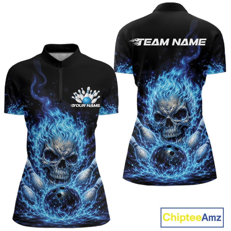 Custom Blue Flame Skull Halloween Bowling Women Quarter-Zip Shirt, Bowling Jersey IPHW11952