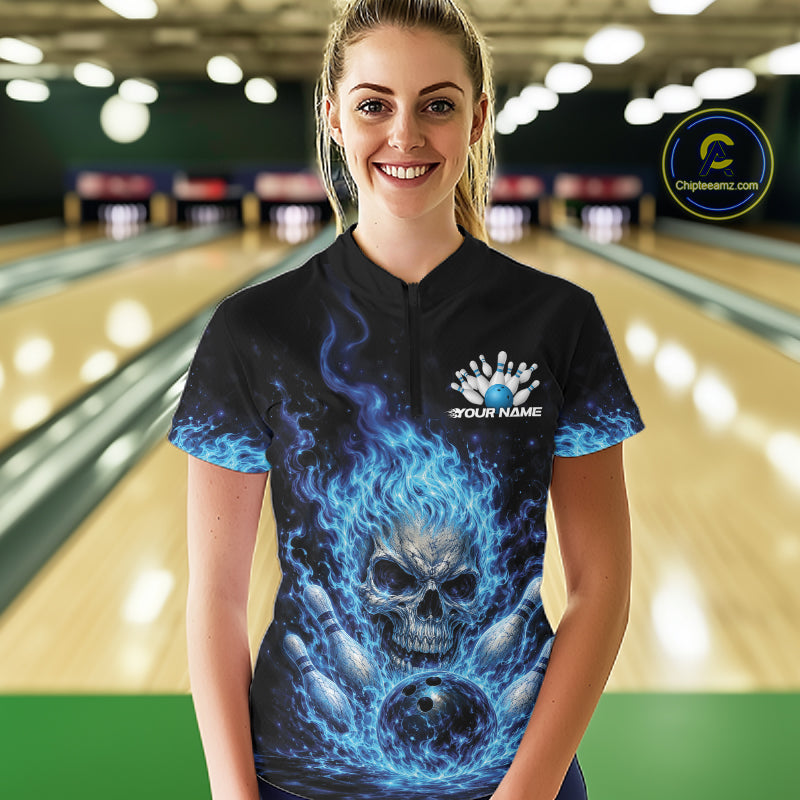 Custom Blue Flame Skull Halloween Bowling Women Quarter-Zip Shirt, Bowling Jersey IPHW11952