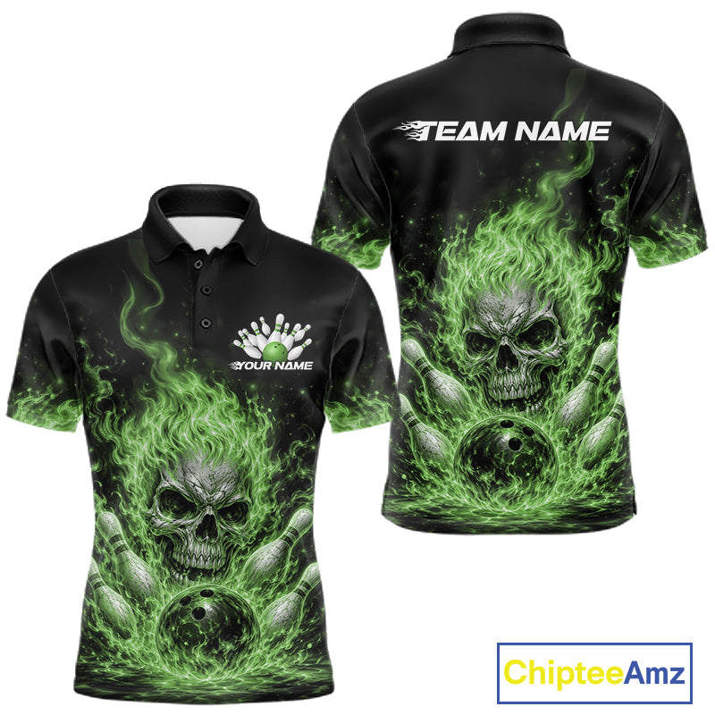 Custom Green Flame Skull Halloween Bowling Men Polo Shirt, Bowling Jersey IPHW11953