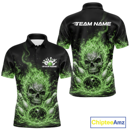 Custom Green Flame Skull Halloween Bowling Men Polo Shirt, Bowling Jersey IPHW11953