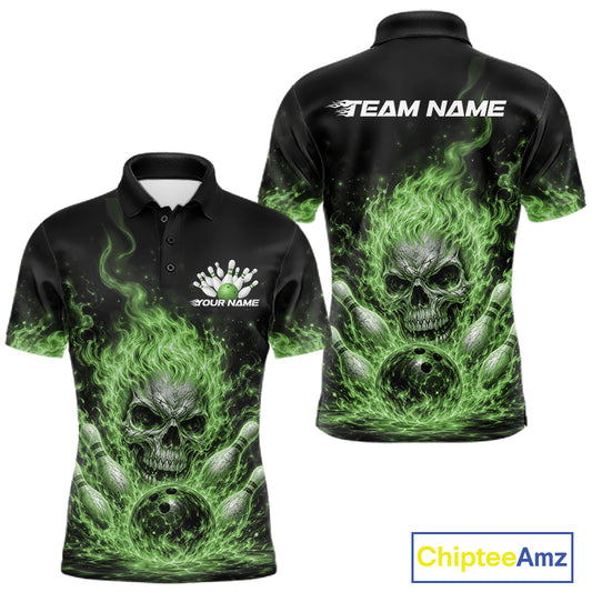 Custom Green Flame Skull Halloween Bowling Men Polo Shirt, Bowling Jersey IPHW11953