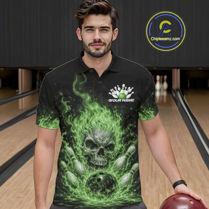 Custom Green Flame Skull Halloween Bowling Men Polo Shirt, Bowling Jersey IPHW11953