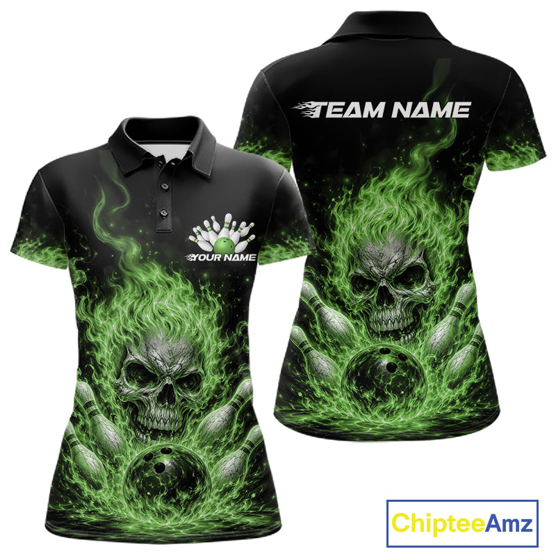 Custom Green Flame Skull Halloween Bowling Women Polo Shirt, Bowling Jersey IPHW11953
