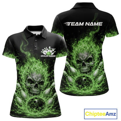 Custom Green Flame Skull Halloween Bowling Women Polo Shirt, Bowling Jersey IPHW11953
