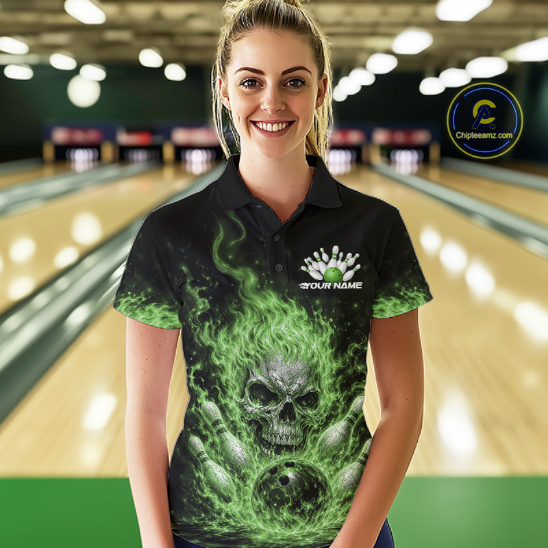 Custom Green Flame Skull Halloween Bowling Women Polo Shirt, Bowling Jersey IPHW11953