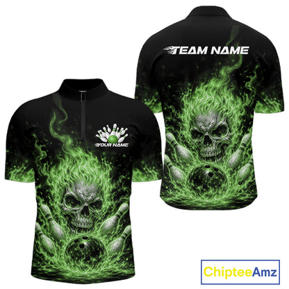 Custom Green Flame Skull Halloween Bowling Men Quarter Zip Shirt, Bowling Jersey IPHW11953
