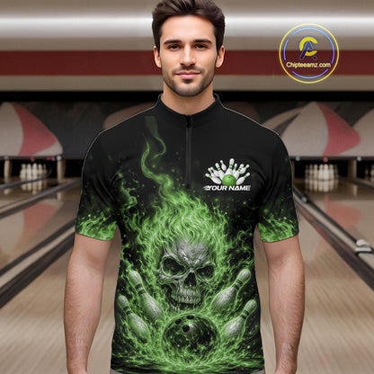 Custom Green Flame Skull Halloween Bowling Men Quarter Zip Shirt, Bowling Jersey IPHW11953