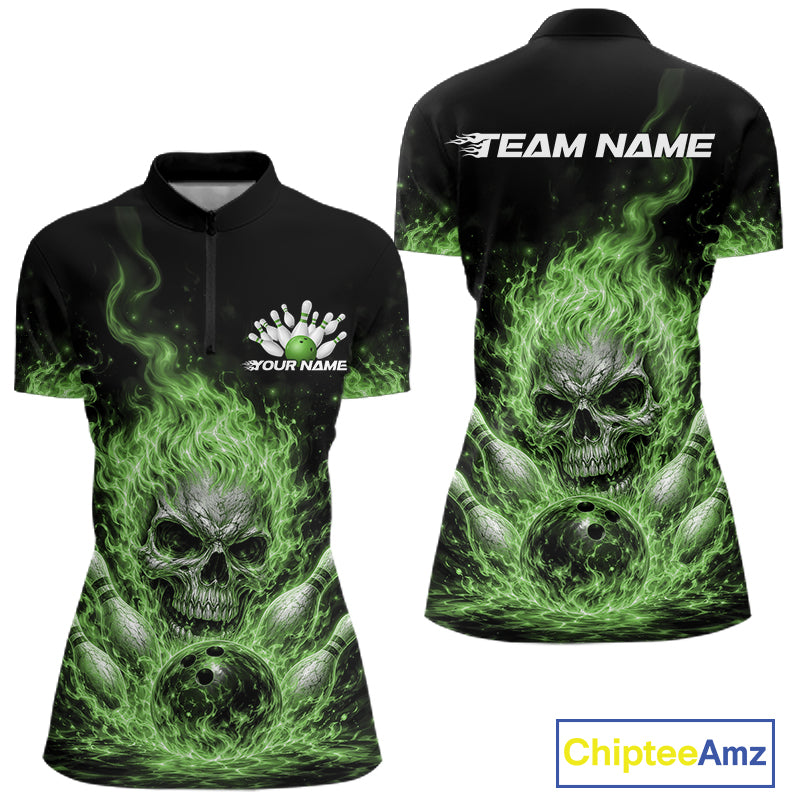 Custom Green Flame Skull Halloween Bowling Women Quarter-Zip Shirt, Bowling Jersey IPHW11953