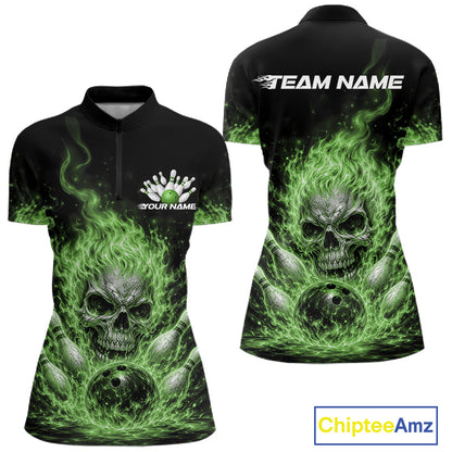 Custom Green Flame Skull Halloween Bowling Women Quarter-Zip Shirt, Bowling Jersey IPHW11953