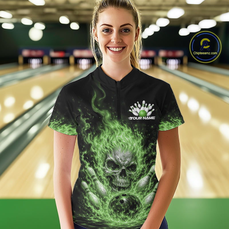 Custom Green Flame Skull Halloween Bowling Women Quarter-Zip Shirt, Bowling Jersey IPHW11953