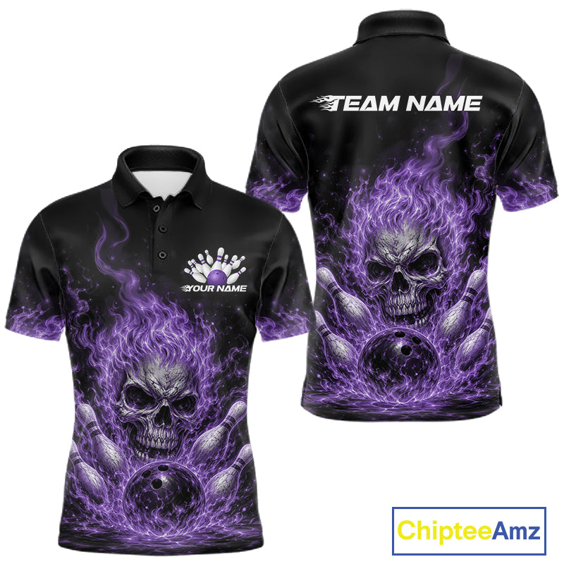 Custom Purple Flame Skull Halloween Bowling Men Polo Shirt, Bowling Jersey IPHW11954