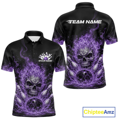 Custom Purple Flame Skull Halloween Bowling Men Polo Shirt, Bowling Jersey IPHW11954