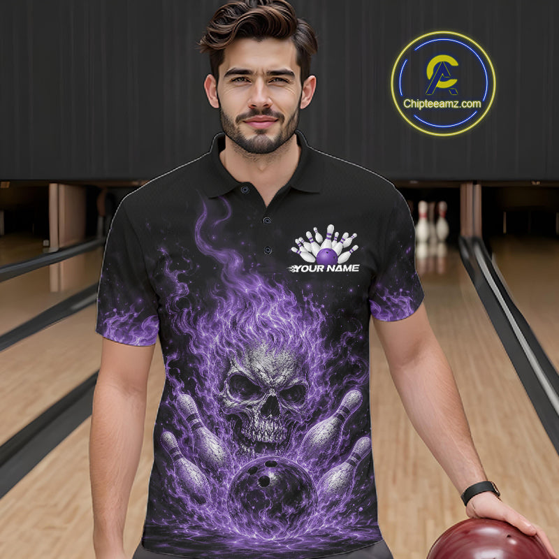 Custom Purple Flame Skull Halloween Bowling Men Polo Shirt, Bowling Jersey IPHW11954