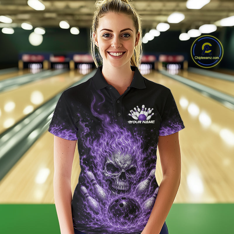 Custom Purple Flame Skull Halloween Bowling Women Polo Shirt, Bowling Jersey IPHW11954