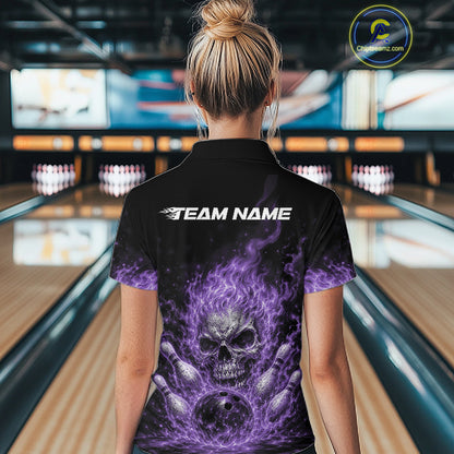 Custom Purple Flame Skull Halloween Bowling Women Polo Shirt, Bowling Jersey IPHW11954
