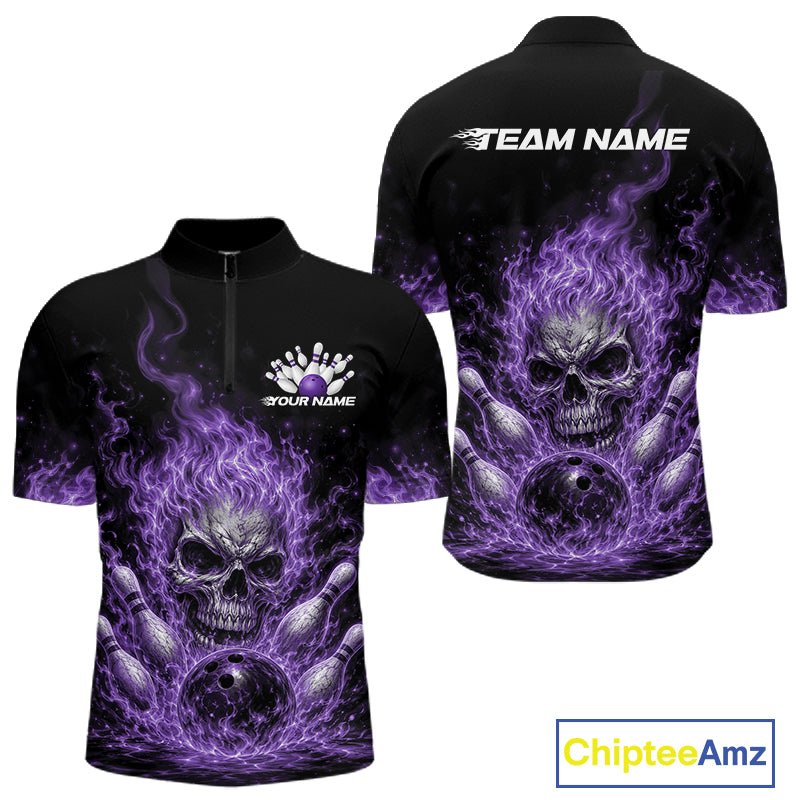Custom Purple Flame Skull Halloween Bowling Men Quarter Zip Shirt, Bowling Jersey IPHW11954