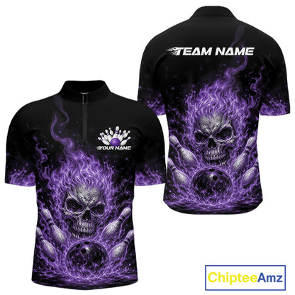 Custom Purple Flame Skull Halloween Bowling Men Quarter Zip Shirt, Bowling Jersey IPHW11954