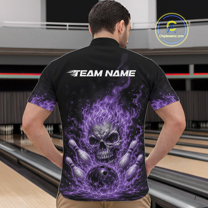 Custom Purple Flame Skull Halloween Bowling Men Quarter Zip Shirt, Bowling Jersey IPHW11954