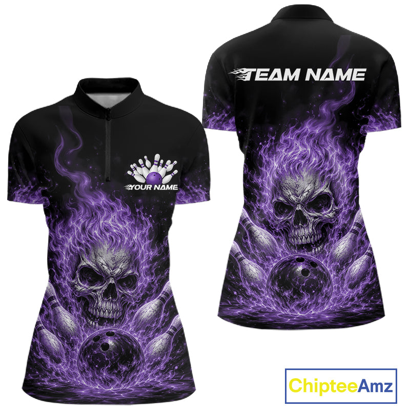Custom Purple Flame Skull Halloween Bowling Women Quarter-Zip Shirt, Bowling Jersey IPHW11954