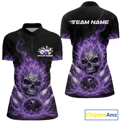 Custom Purple Flame Skull Halloween Bowling Women Quarter-Zip Shirt, Bowling Jersey IPHW11954