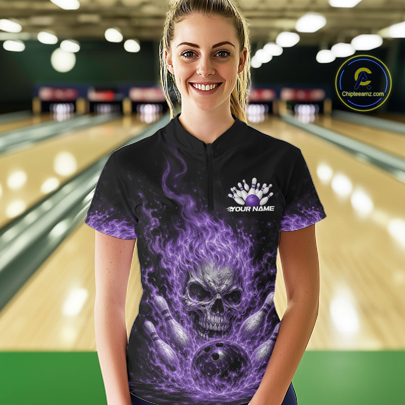 Custom Purple Flame Skull Halloween Bowling Women Quarter-Zip Shirt, Bowling Jersey IPHW11954